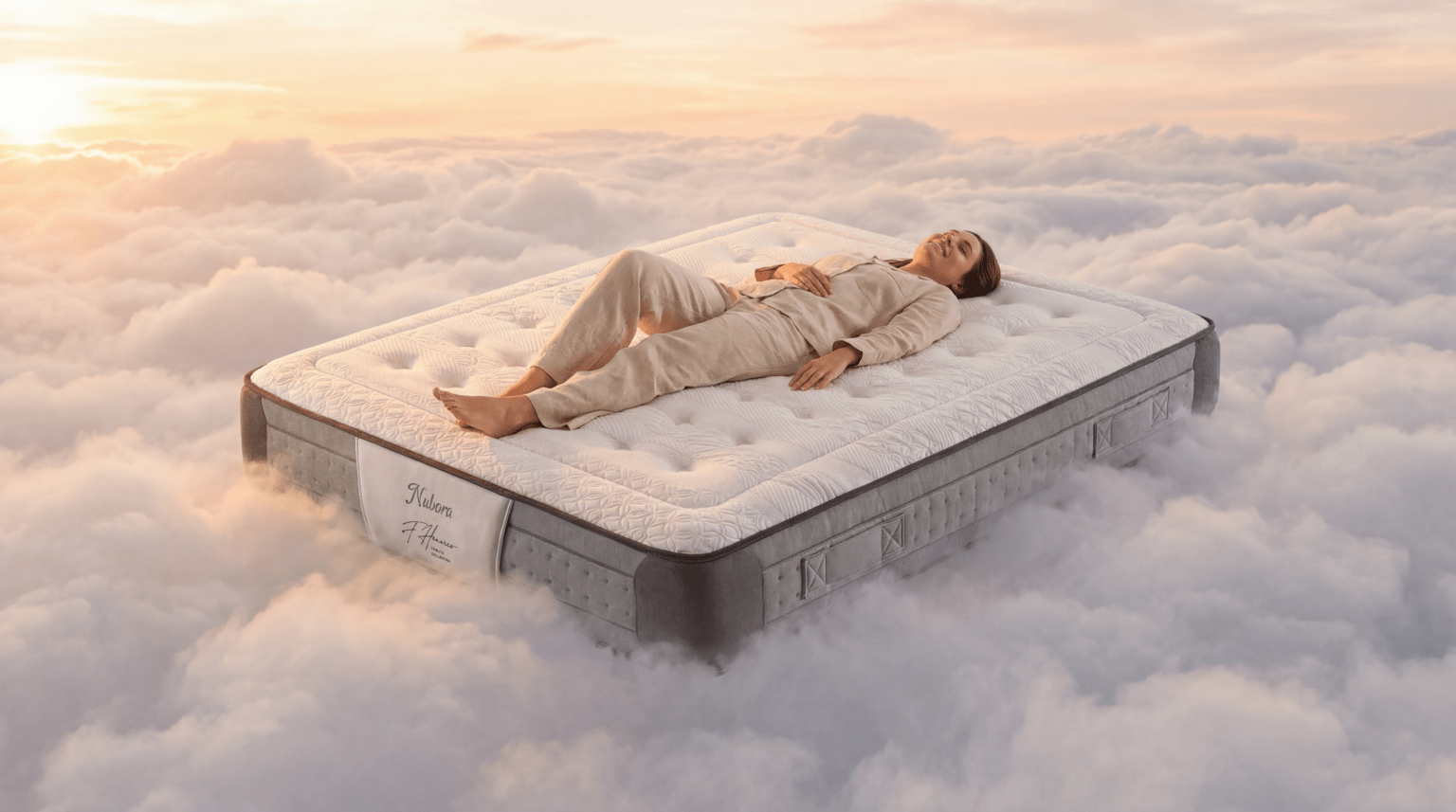 Mujer descansando sobre un colchón Bilox entre nubes